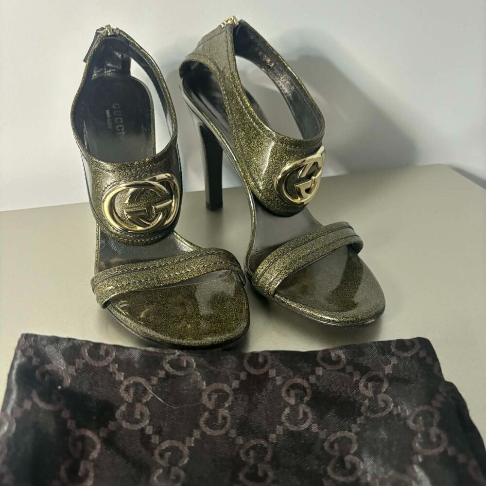 Gucci Metallic Leather GG Marmont Block Heel Sandals